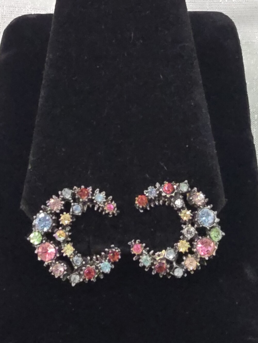 Vintage Multicolor Fruit Salad Crystal Cresent Moon Clip On Earrings